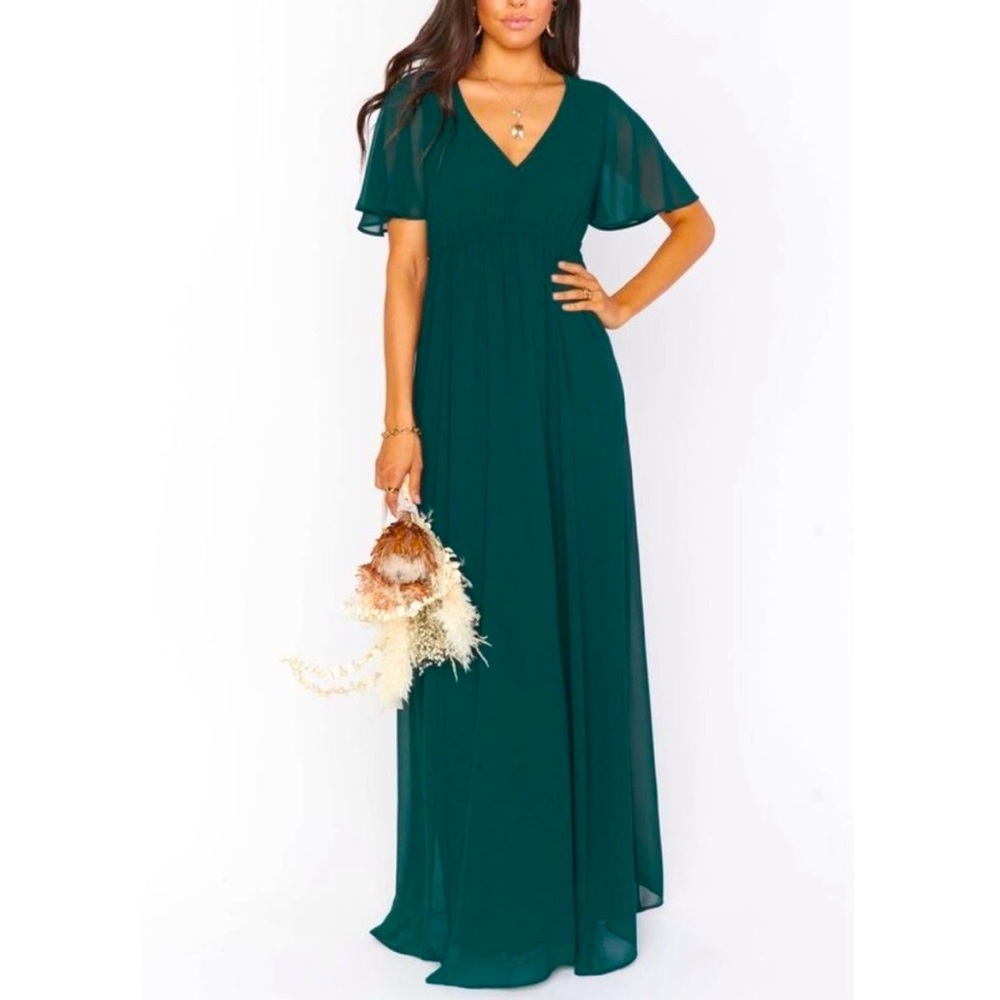 NWT/poly Show Me Your Mumu Emily Empire Maxi Dress in Emerald Chiffon 1X